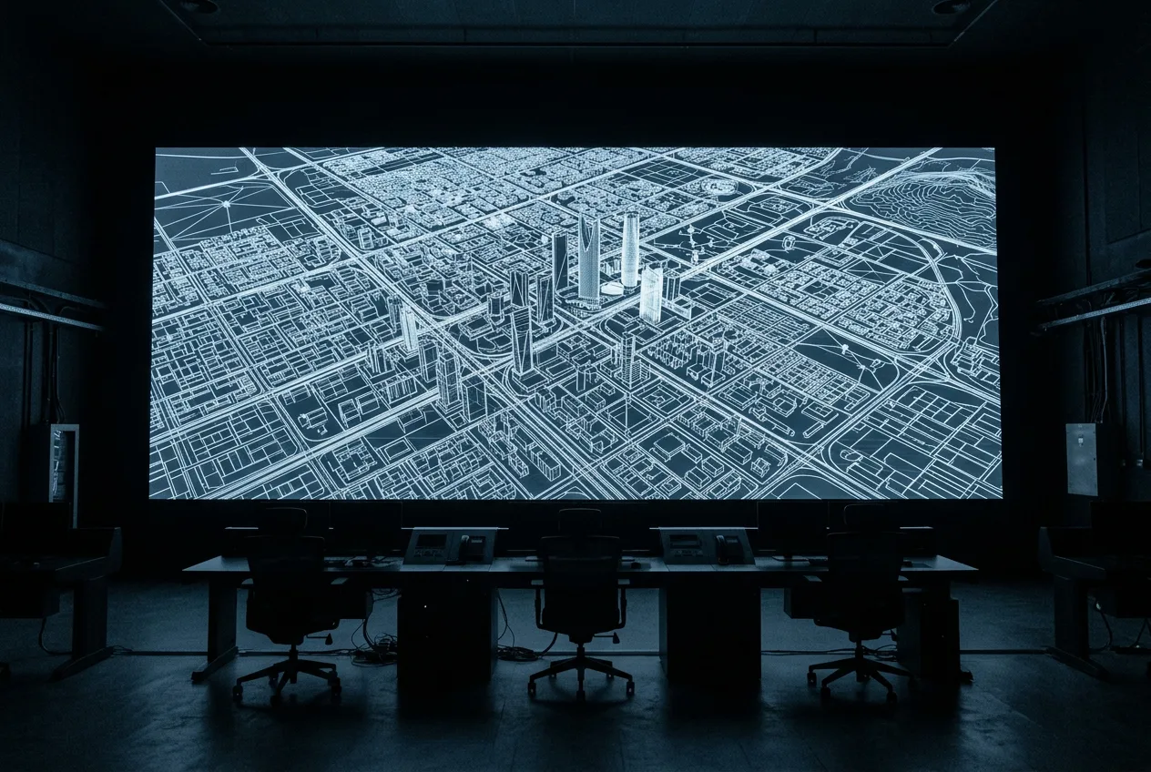 An operations room, a city model on the wall display