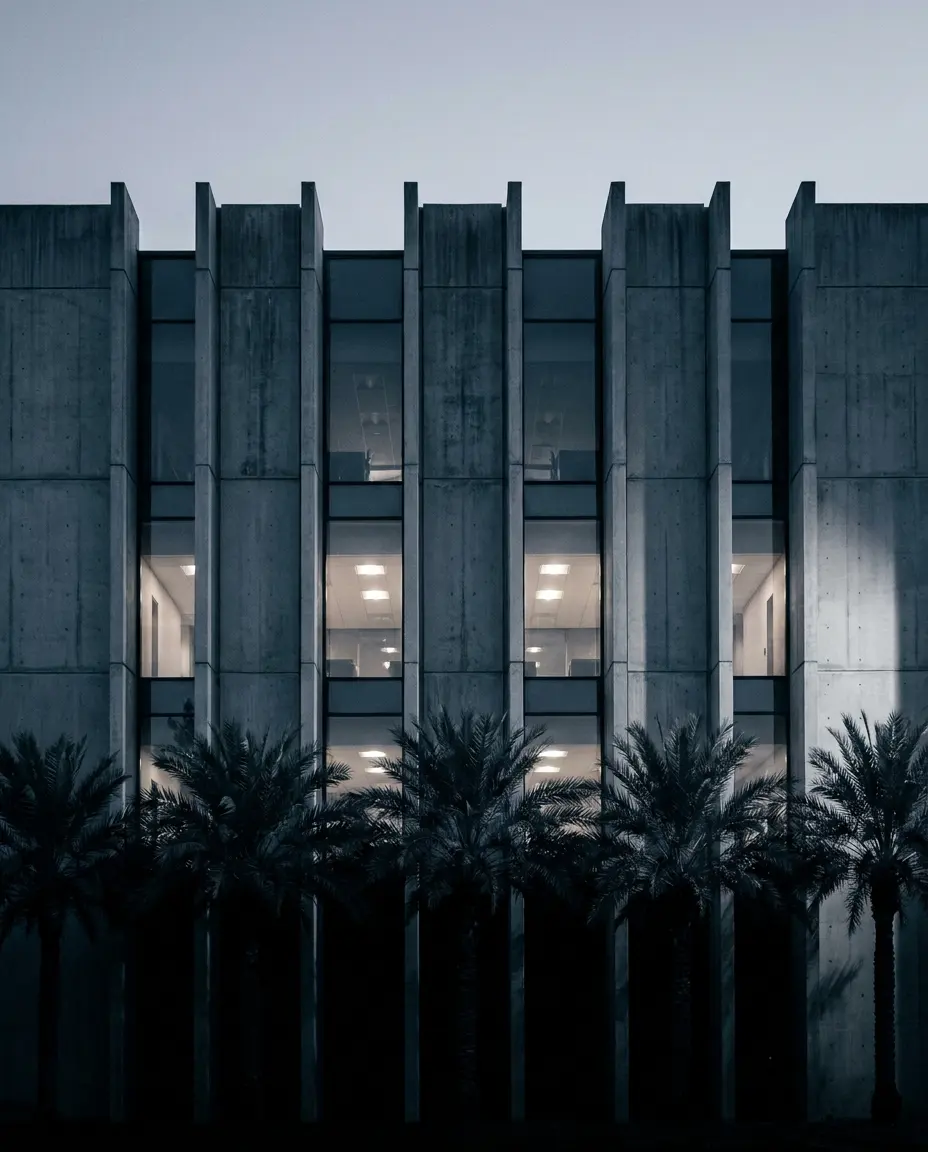 The university campus at dusk