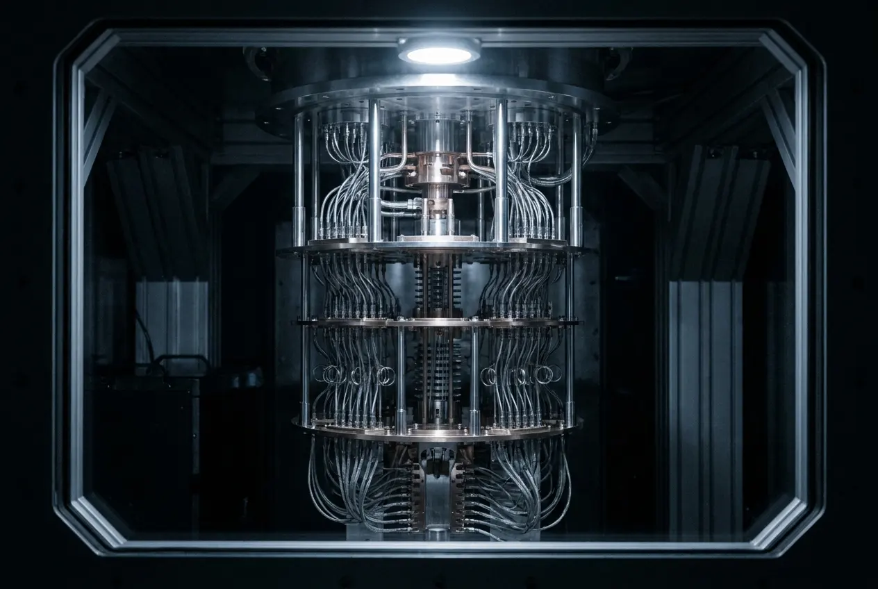 A cryogenic computing assembly behind glass