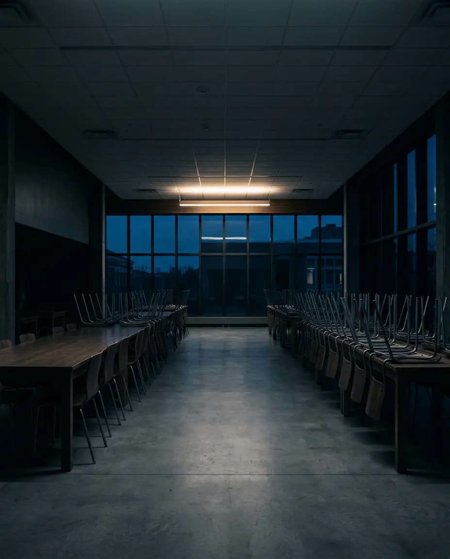 A student commons at dusk